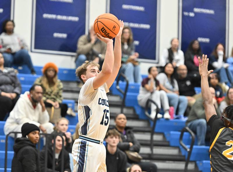Plainfield South's Brayden Ablin shoots a jump shot during the conference game against Plainfield South on Friday, DEC. 05, 2025, at Plainfield.