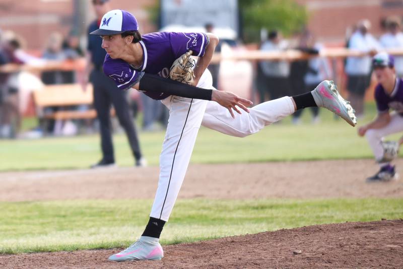 Manteno's Braden Campbell follows through after delivering a pitch during the Class 2A Beecher Sectional semifinals against Bishop McNamara Thursday, May 29, 2025.