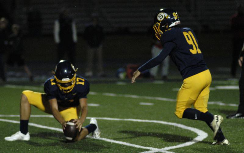 Sterling's  Ryan Gebhardt kicks an extra point. The Lions of Urban Prep traveled to Sterling to take on the Warriors at Prescott Memorial Field at Roscoe Eades Stadium, September 5, 2025.