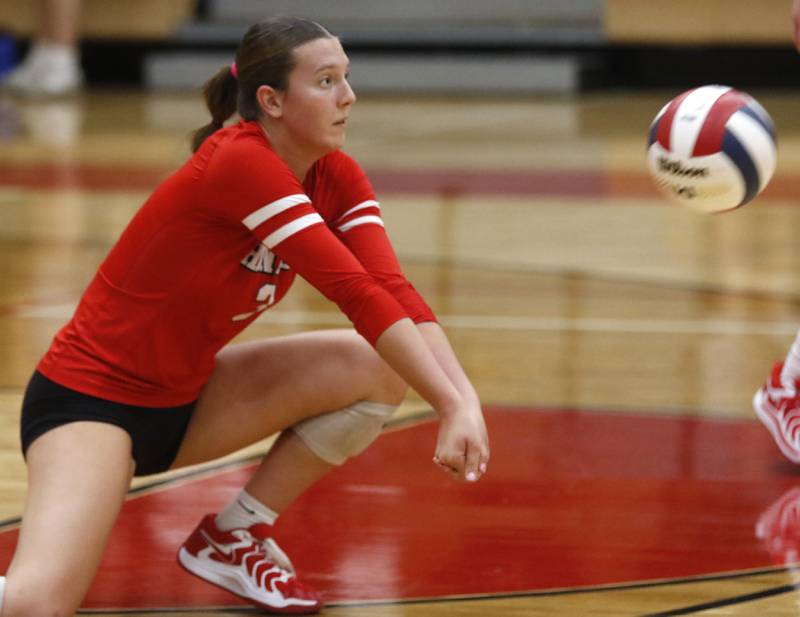 Huntley's Alexandria Goritz passes the ball forward during a Fox Valley Conference volleyball match Prairie Ridge on Tuesday, Oct. 8, 2024, at Huntley High School.