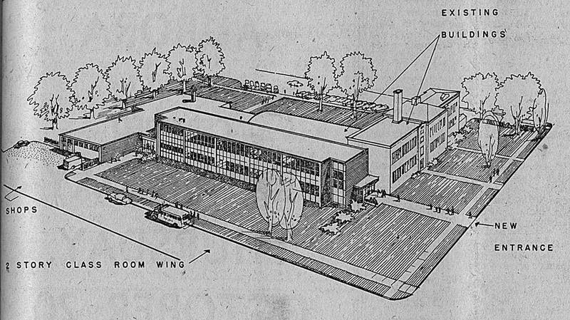 This was the plan for an addition to Yorkville High School  (now Parkview School) approved by voters in 1955. Some months later, bids came in much higher that predicted. The School Board cited this, and recent growth in industry in the county, as the reason the project was dropped. Yorkville Grade School was built soon after, and also a new high school.