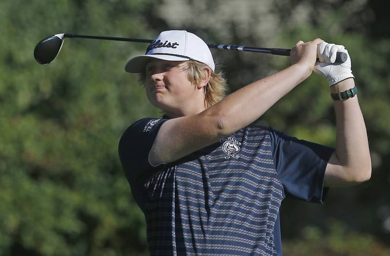 Cary-Grove’s Joseph Boldt watches his tee shot on the tenth hole during the IHSA Class 3A Dundee-Crown Regional golf tournament on Wednesday, Oct. 2, 2024 at Randall Oaks Golf Club in West Dundee.