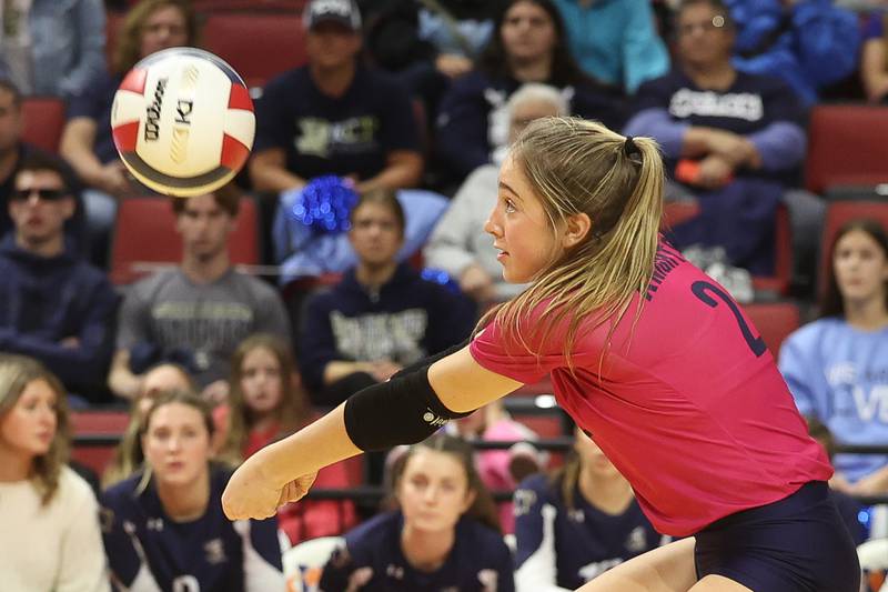 IC Catholic’s Alysa Lawton receives a serve against Mater Dei in the Class 2A Volleyball Championship match on Saturday, Nov. 11, 2023 in Normal.