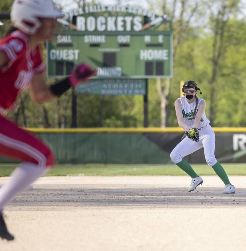 Rock Falls’ Rylee McFadden fields a ball at third for an out against Oregon Wednesday, April 22, 2026.