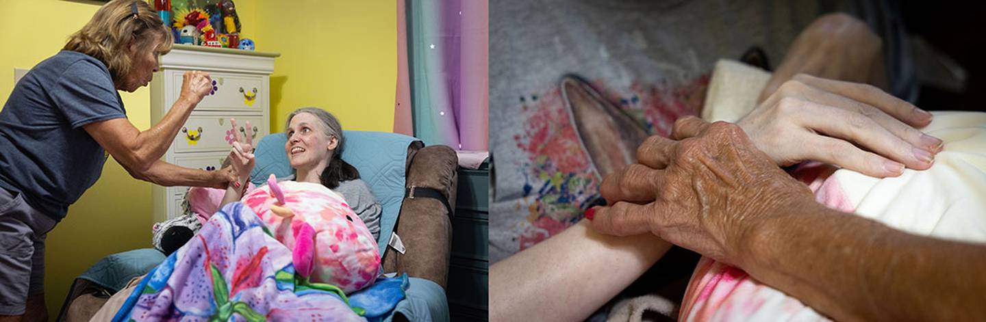 Left: Cortnie Stewart, whose traumatic brain injury in 1997 left her nonverbal, communicates with her mother Judy Stegle through facial expressions and hand signals. Right: Judy Stegle touches her daughter Cortnie Stewart’s wrist as Cortnie sits in the recliner in her bedroom, where she loves watching game shows like Press Your Luck and Family Feud.