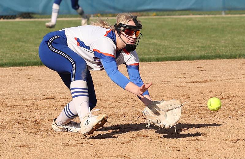 Genoa-Kingston's Emily Trzynka catches a pop up during their game against Stillman Valley Tuesday, April 18, 2023, at Genoa-Kingston High School.