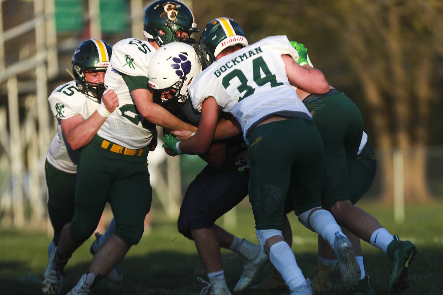 Wilmington running back Cody Franzen moves the pile on Friday, April 9, 2021, at Wilmington High School in Wilmington, Ill.