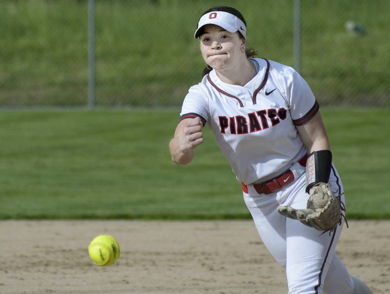 Ottawa starting Pitcher Maura Condon let’s go with a pitch against La Sale Peru Wednesday at Ottawa.