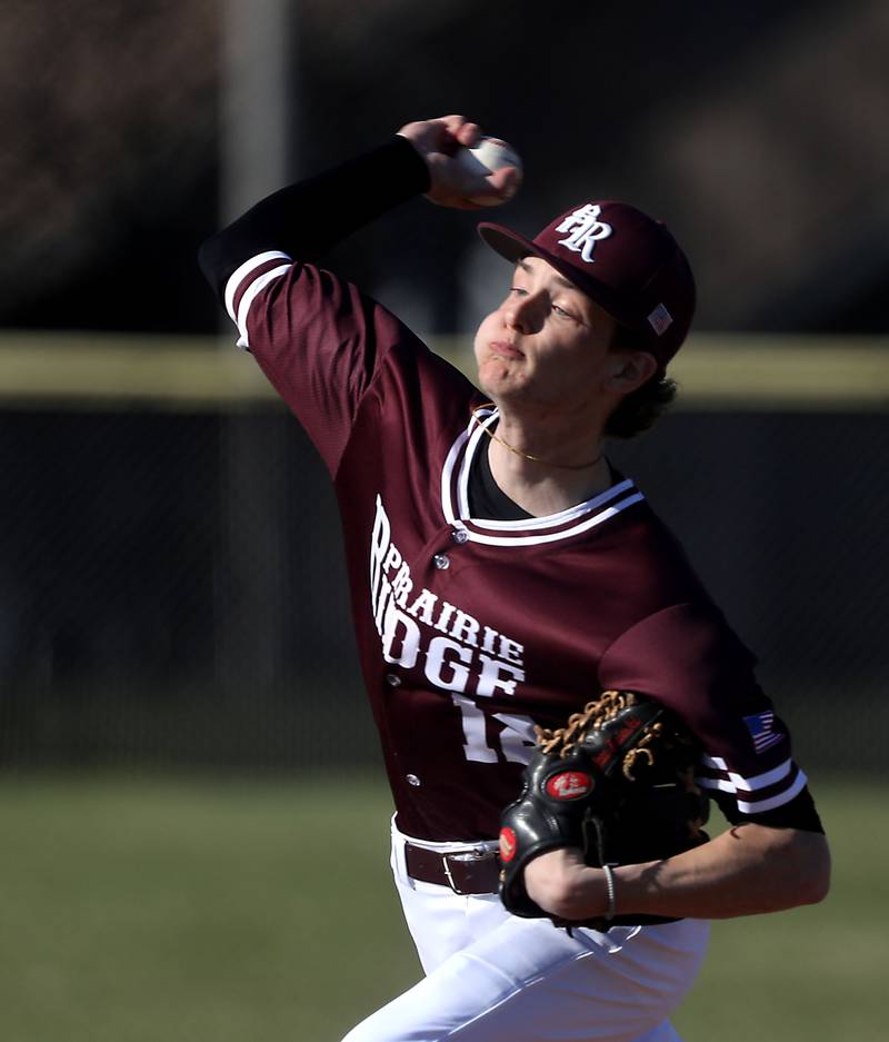 Prairie Ridge’s Colt Zaleski throws a pitch during a Fox Valley Conference baseball game against Prairie Ridge on April 8, 2026, at Prairie Ridge High School.