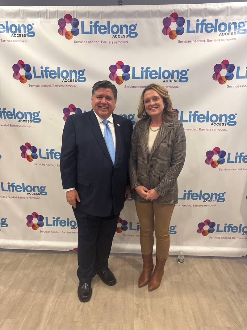 Gov. JB Pritzker (left) announces a $3.6 million in investment in Arukah Institute of Healing on Jan. 7, 2025, in Normal, accompanied by Dr. Sarah Scruggs, founder & CEO of Arukah.