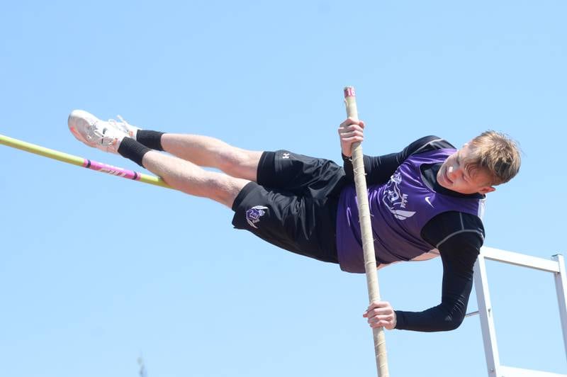 Dixon's Hayden Yingling gets. a piece of the bar as he competes in the pole vault at the Gebhardt-Worley Invitational at Oregon High School on Saturday, April 12, 2025. He won the event with a vault of 3.81 meters.