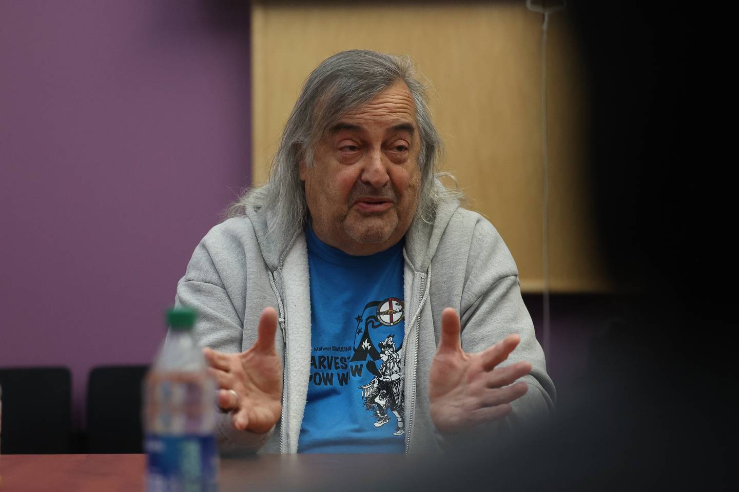 Joseph “Standing Bear” Schranz, from the Ojibwa tribe at White Earth reservation in Minnesota, talks to Joliet Junior College students and staff at a round table discussion on the destructive and dehumanization of Native American culture and their people on Thursday, Nov. 9, 2023 in Joliet.