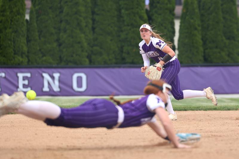 Manteno's Aubrie Goudreau tracks down a grounder as teammate Savanna Watkins misses on a dive during Beecher's 14-6 victory over Manteno in the Class 2A Manteno Regional championship on Friday, May 22, 2026.