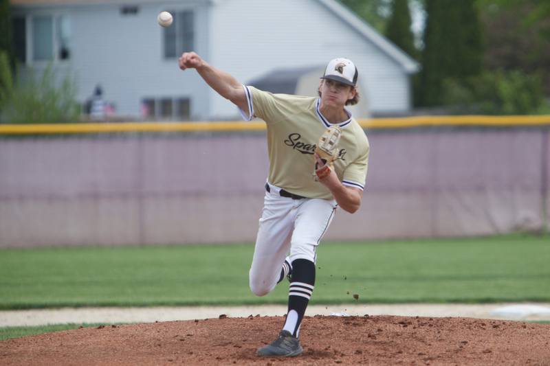 Sycamore's Ethan Storm delivers a pitch against Belvidere North at the Class 4A Regional Final on May 28, 2022 in Belvidere.