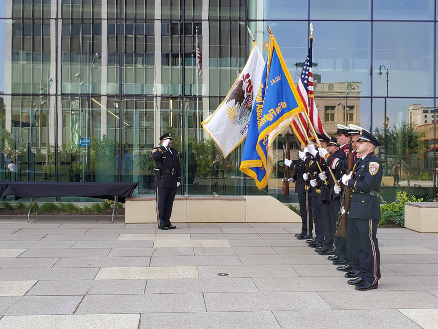 About 100 members from the community gathered at the Will County courthouse on Saturday for a remembrance ceremony in commemoration of the 20th anniversary of Sept. 11, 2001. A combined honor guard from Joliet’s police and fire departments presented and lowered the colors.