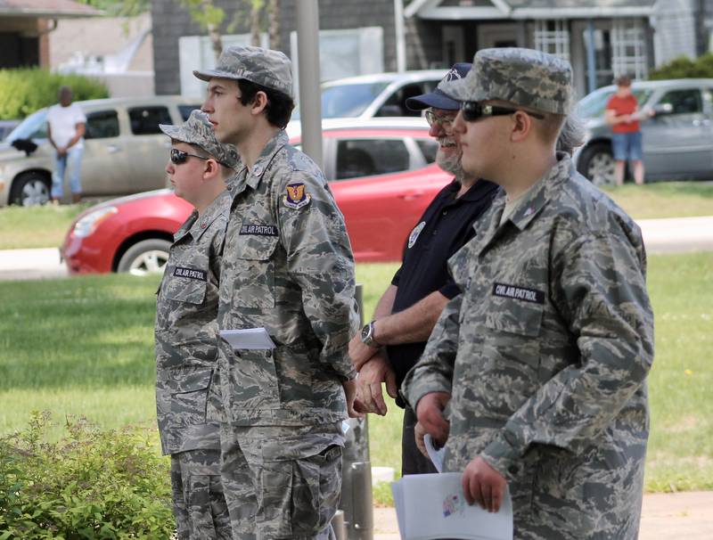 Members of the Civil Air Patrol, who served as ushers, listen to the speakers on Monday, May 29, 2023 during a Memorial Day observance in Sterling.