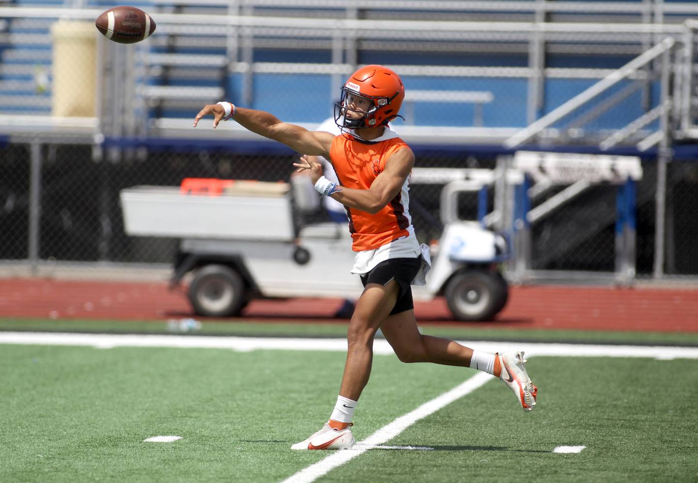 Wheaton Warrenville South quarterback James Sok passes the ball during a 7 on 7 tournament at St. Charles North High School on Thursday, June 30, 2022.