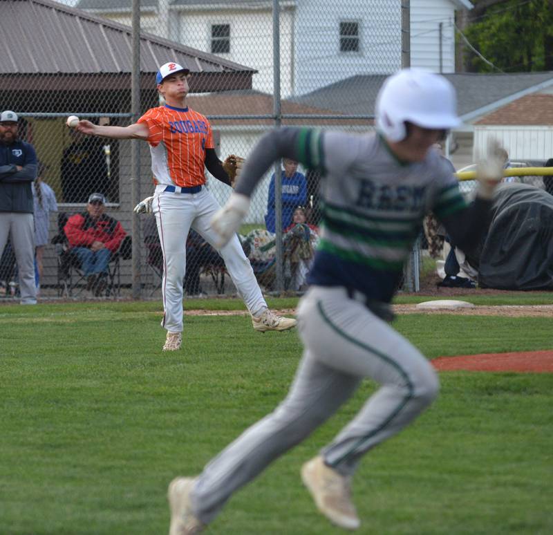 Eastland's Brayden Jackson throws out a River Ridge/Scales Mound at the 1A Lena-Winslow Sectional on Wednesday, May 28, 2025.