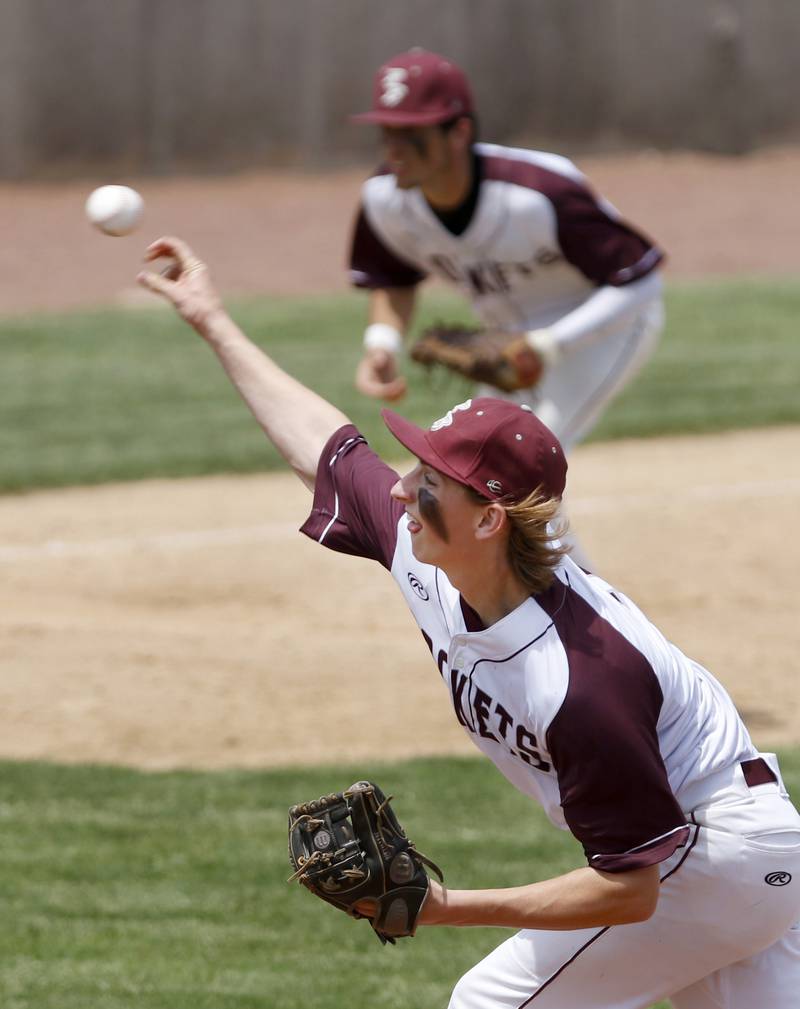 Richmond-Burton’s Kaden Neuman throws a pitch during a IHSA Class 2A supersectional baseball game between Richmond-Burton and Timothy Christian at the Rockford Rivets Stadium in Rockford.