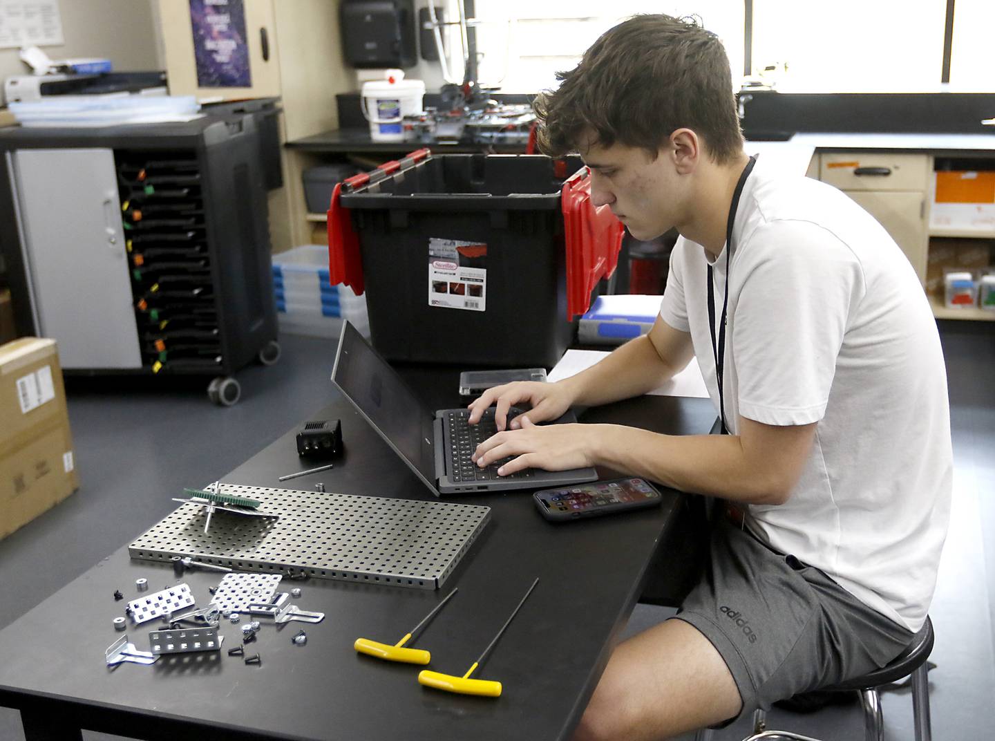 Huntley student Jack Breunig documents his robotics project Thursday, May 18, 2023 during class at Huntley High School. Huntley Community School District 158 has been recognized as a 2023 Spring “Lighthouse System” by AASA, The School Superintendents Association, to serve as a model of positive change in public education. It is one of six school districts from across the country to receive the award.