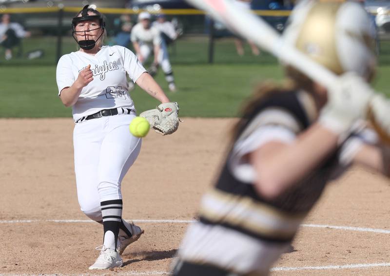 Kaneland's Kyra Johnson delivers a pitch Friday, April 28, 2023, during their game at Sycamore High School.