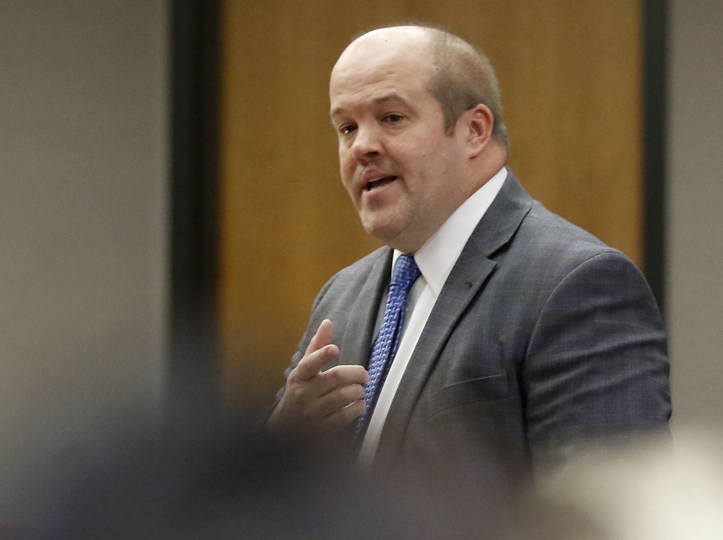 Defense attorney Fredrick Day delivers his opening statement during William Bishop’s bench trial before McHenry County Judge Michael Coppedge on Monday, Oct. 17, 2022, in the McHenry County courthouse in Woodstock.