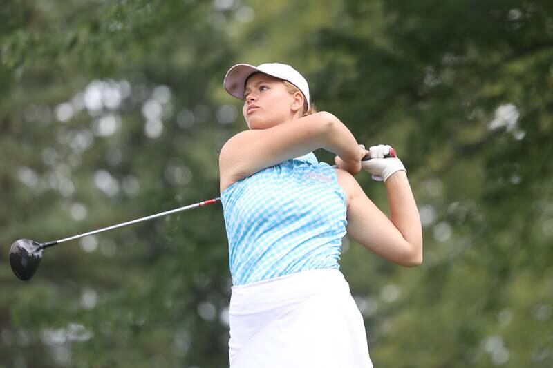 Joliet Township’s Nina Mayfield hits a shot off the 11th hole tee in the Class 2A Bradley Regionals at the Green Garden Country Club in Frankfort on Thursday, Sept. 28, 2023.