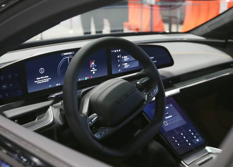 An interior view of an all-electric Lucid car on Thursday, Feb. 8, 2024 during the Chicago Auto Show in McCormick Place.