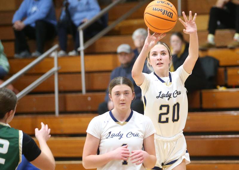 Marquette's Kaitlyn Davis shoots a jump shot against St. Bede during the Tri-County Conference championship game on Thursday, Jan. 23, 2025 at Roanoke-Benson High School.