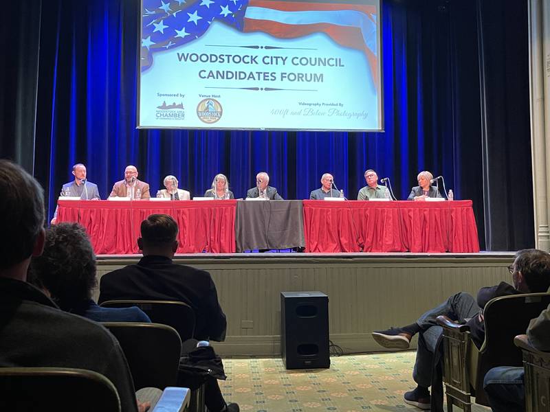 Woodstock City Council candidates participate in a forum on Wednesday night, March 23, 2023. From left to right, they are candidates Bryson Calvin, Darrin Flynn, Mark Indyke, Melissa McMahon, moderator Larry Lough, and candidates Joe Starzynski, Thomas West and Natalie Ziemba.