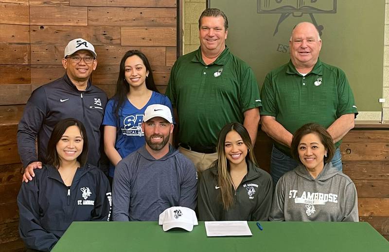 St. Bede senior Aleanna Mendoza (seated, second from right) recently signed to play golf at St. Ambrose University. She was joined by (standing left to right) her sister, Aiko, St. Ambrose coach David Lawrence and her mom, Malou and (standing left to right) her dad, Adel, her sister, Gabriella and St. Bede coaches Rich Cummings and Tom Payton. Mendoza was a two-time NewsTribune GIrls Golfer of the Year and two-time Bureau County Republican Girls Golfer of the Year. Mendoza was a three-time sectional qualifier.