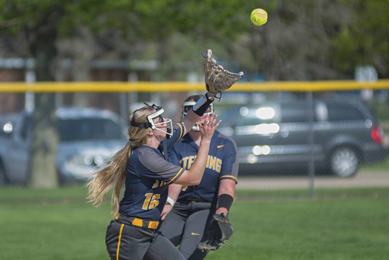 Sterling shortstop Lauren Jacobs hauls in a pop-up Monday, April 9, 2022 against United Township.