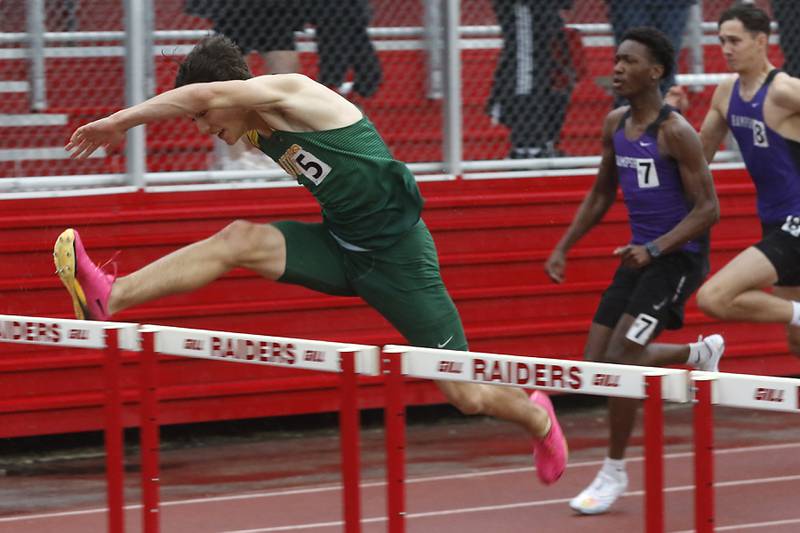 Crystal Lake South’s Carter Alvarado cruise to victory in the 110 meter hurdles Friday, May 12, 2023, during the Fox Valley Conference Boys Track and Field Meet at Huntley High School.