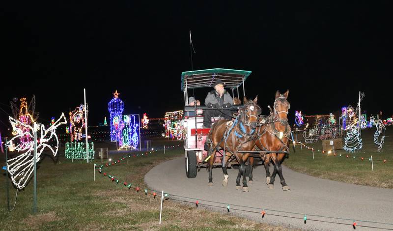 Tony Troyer guides a team of horses through the Christmas lights on Tuesday, Nov. 26, 2024 at Rotary Park in La Salle. The Arabian Carriage rides will be on Tuesdays and Thursdays through December 12. Cost is $25 per person.