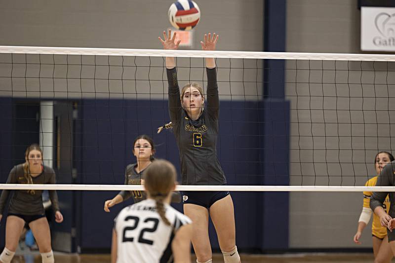 Sterling’s Alexa Varden works the net against Fulton Saturday, Sept. 30, 2023 during the Sterling Volleyball Invitational held at Challand Middle School.