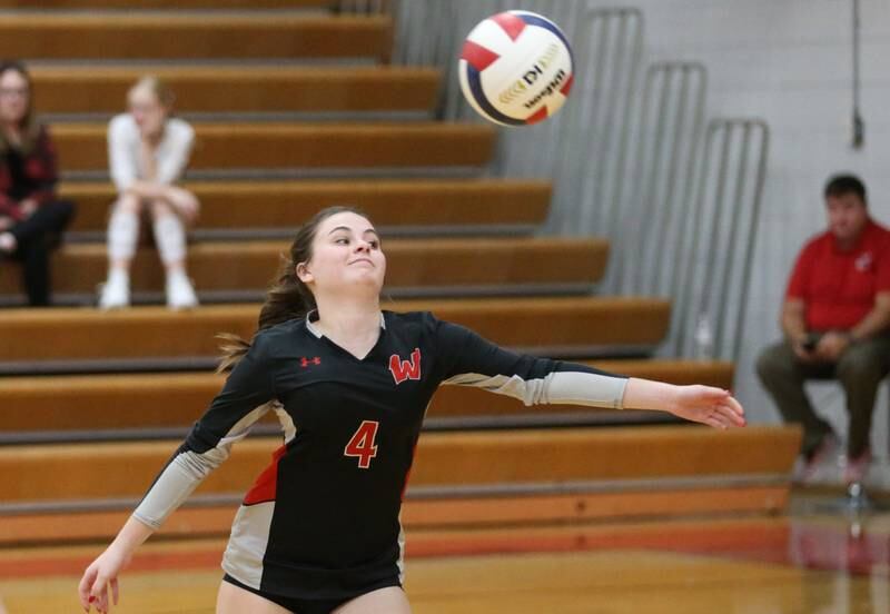 Woodland's Sadie Darm watches the ball bounce in for a point against Henry-Senachwine on Thursday, Oct. 3, 2024 at Henry-Senachwine High School.