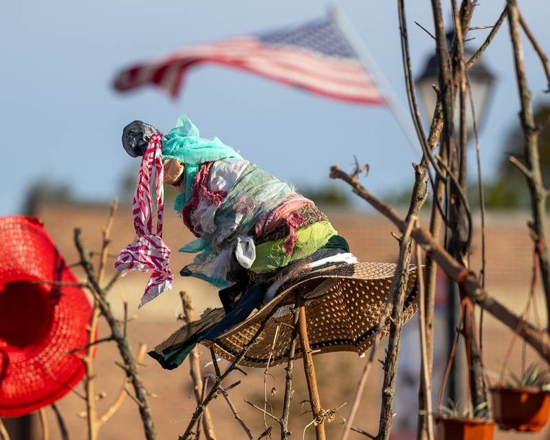 Witch hat sits on a branch at the annual Witches Walk on Friday, Oct. 17, 2025, at the Market on Mill in Utica.