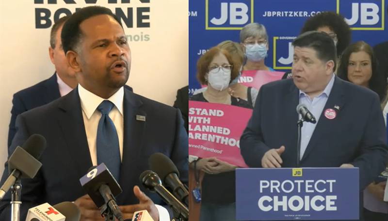 Aurora Mayor Richard Irvin, who is running for the Republican nomination for governor, and Gov. JB Pritzker both spoke at campaign stops Wednesday. Pritzker touted Illinois' support for abortion under his leadership while Irvin's news conference was called related to crime rates.