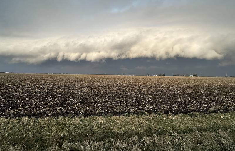 A rotating wall cloud appears over western Bureau County near Princeton on Friday, May 31, 2023.