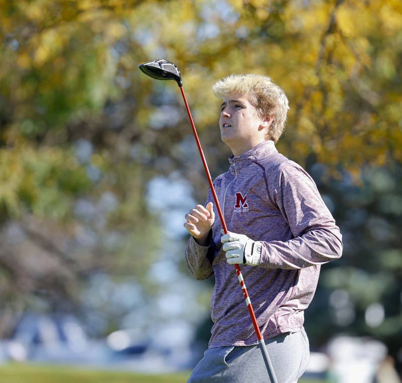 Alex Johnso of Marengo tees off at the IHSA Class 2A Kaneland boys golf sectional  Monday, Oct. 7, 2024 at at Hughes Creek in Elburn.