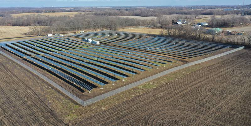 An aerial view of the solar farm located in the 9900 block of Illinois Route 71 on Friday, Jan. 9, 2026 in Granville.