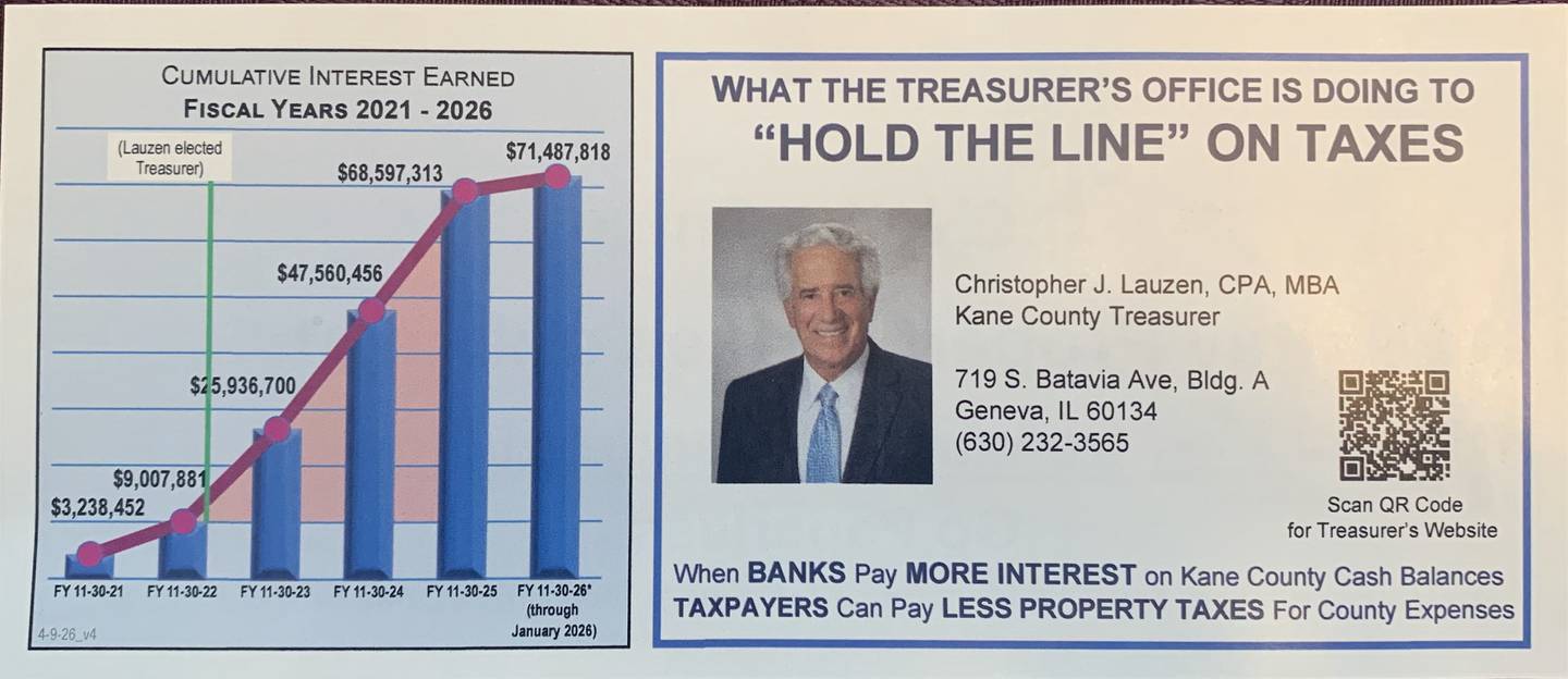 Kane County Treasurer Chris Lauzen included this insert with the May 1 mailing of 200,000 property tax bills. Some criticized it as a political campaign piece. Lauzen defended its use as accurate public information.