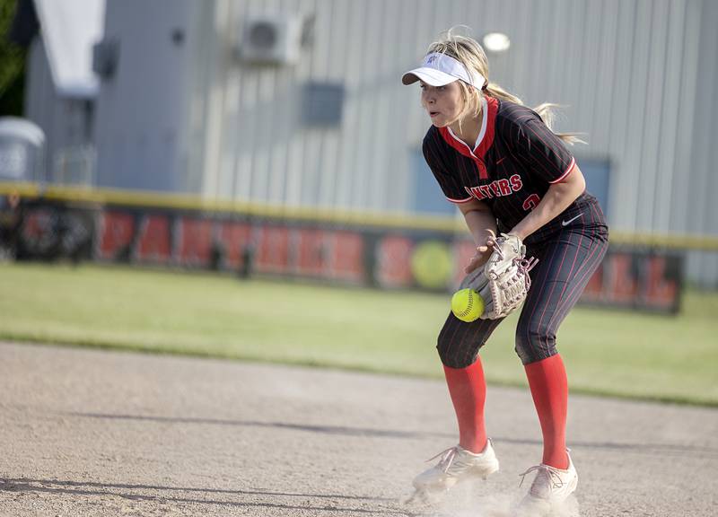 Erie-Prophetstown’s Wynn Renkes gets eaten up on a hopper to first against Morrison Thursday, May 14, 2026.