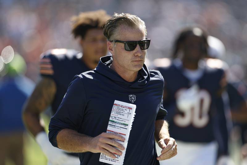 Chicago Bears head coach Matt Eberflus walks off the field after the first half against the Denver Broncos, Sunday, Oct. 1, 2023, in Chicago.