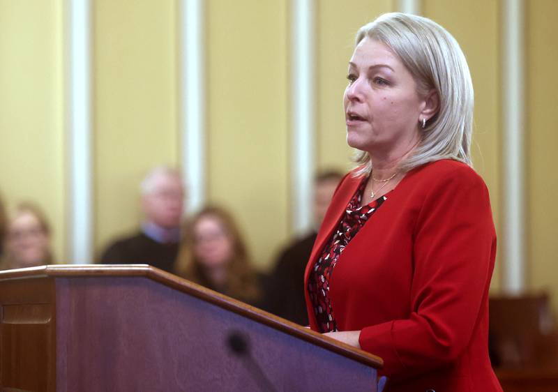 New DeKalb County Coroner Linda Besler speaks after being sworn in by Chief Judge Bradley Waller Monday, Dec. 2, 2024, during a ceremony at the DeKalb County Courthouse in Sycamore.