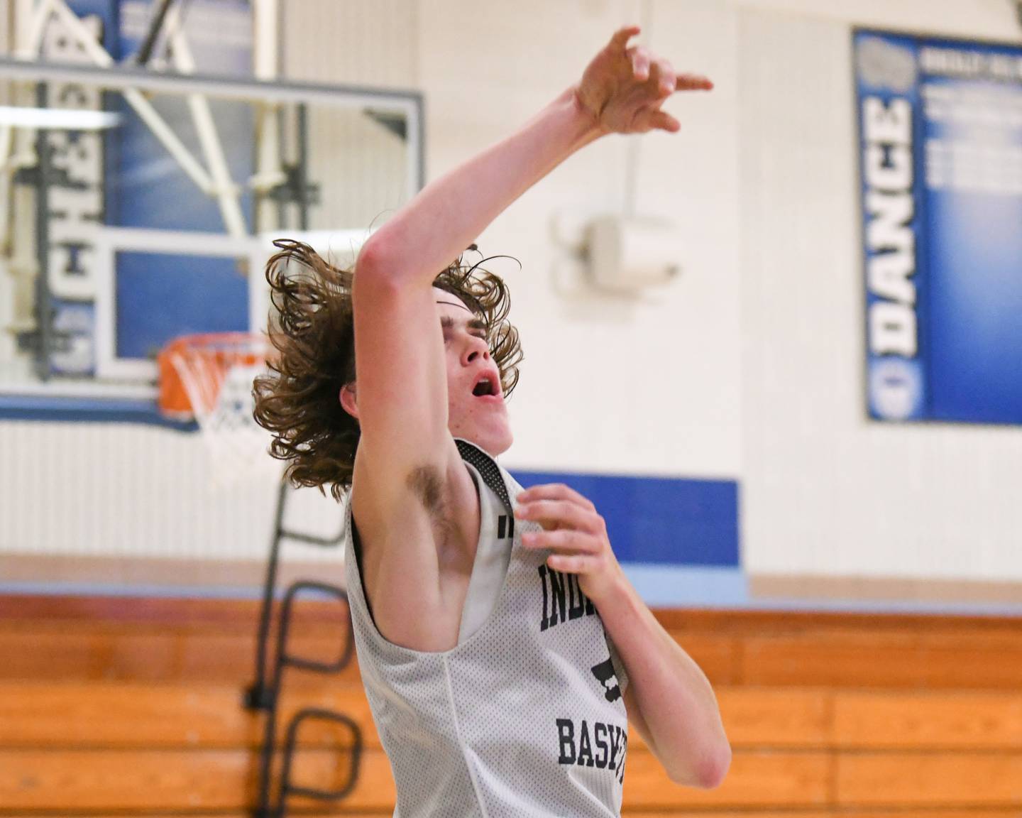 Indian Creek Landon Schrader takes a shot during a scrimmage on Tuesday June 28th while taking on Huntley-Big Rock.