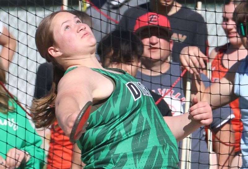 Dwight's Emma Eggenberger throws discus during the Class 1A Sectional meet on Thursday, May 14, 2026 at Seneca High School.