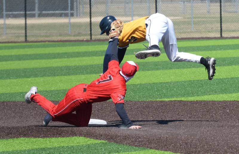 Erie-Prophetstown's Tristan Hovey tags Sterling's Wyatt Cassens out at second on Saturday, March 22, 2025 at Gartner Park in Sterling.