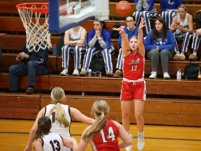 Hall's Caroline Morris shoots a wide-open jump shot against Illinois Valley Central during the Princeton Holiday Girls Basketball Tournament on Tuesday, Nov. 19, 2024 at Princeton High School.