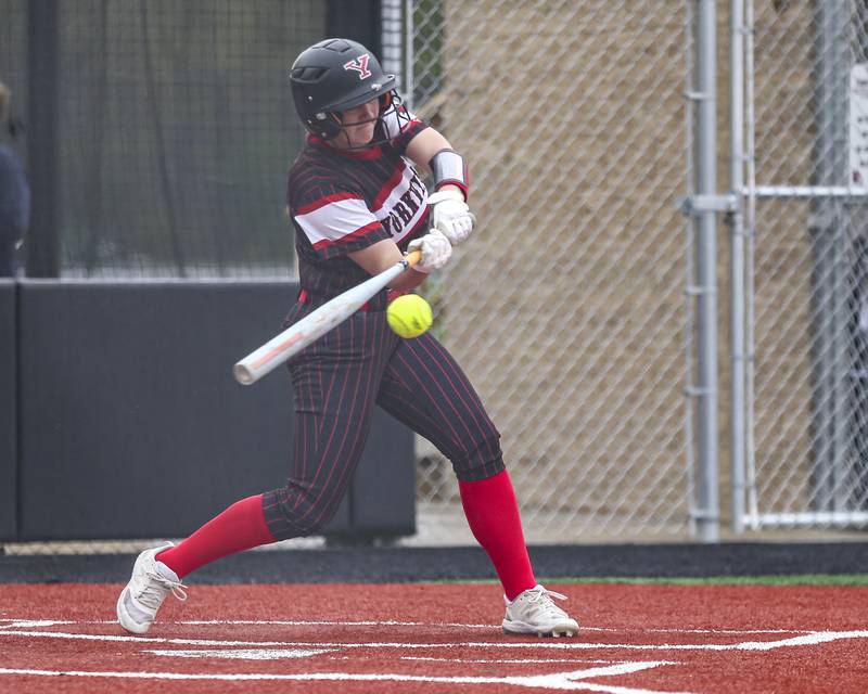 Yorkville's Callie Ferko (9) swings at a pitch during softball game between Joliet West at Yorkville on Wednesday, April 30, 2025 in Yorkville.